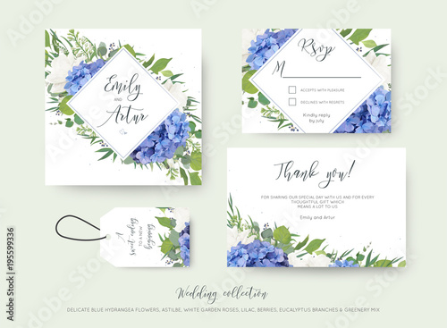 Wedding floral invite, save the date, thank you, rsvp, label card design with elegant blue hydrangea flowers, white garden roses, green eucalyptus, lilac, greenery leaves &  berries. Delicate cute set
