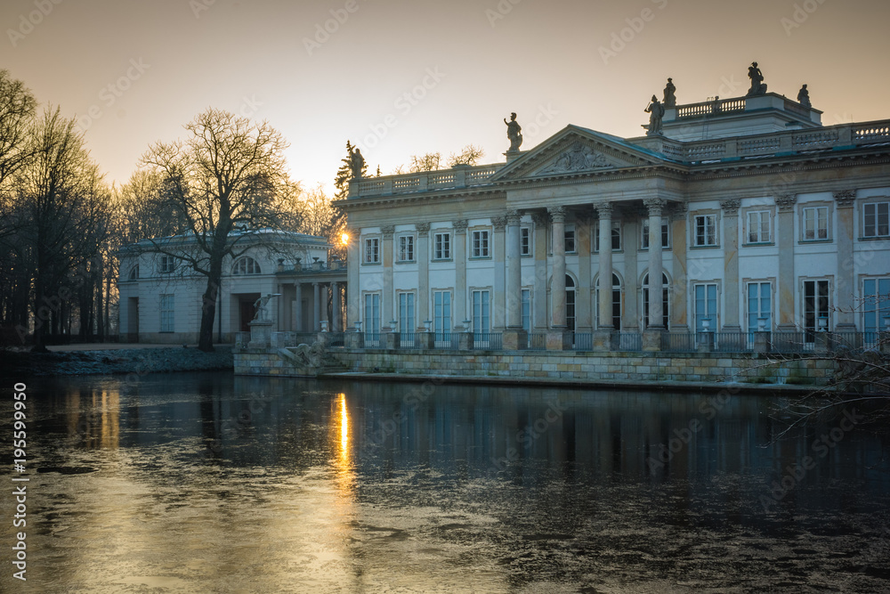 Sunrise over the Royal Palace on the Water in Lazienki Park  in Warsaw, Poland