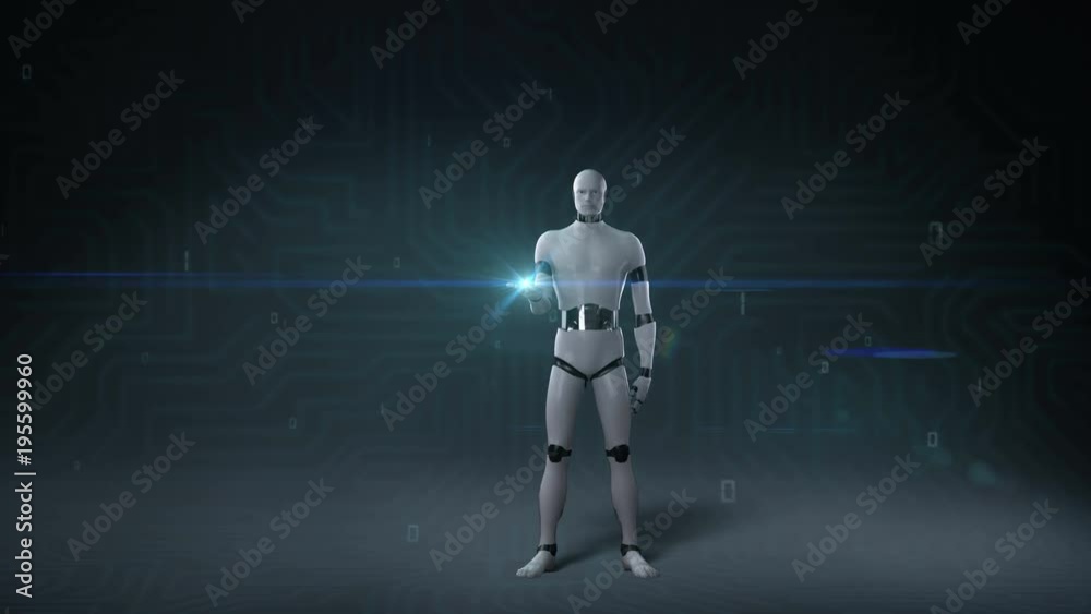 Robot, cyborg open palms in digital interface, body, 4K size movie. Robot, cyborg open palms in digital interface, body, 4K size movie.