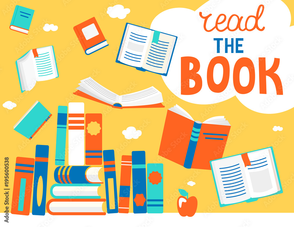 Fototapeta premium Close and open books in different positions with bubble read the book. Knowledge, learning, education, relax and enjoy concept design. Vector illustration in flat style.