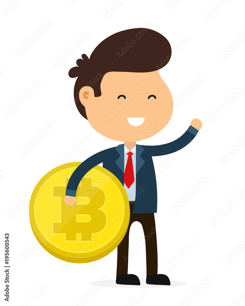 Happy funny smiling businessman hold bitcoin Happy funny smiling businessman hold bitcoin