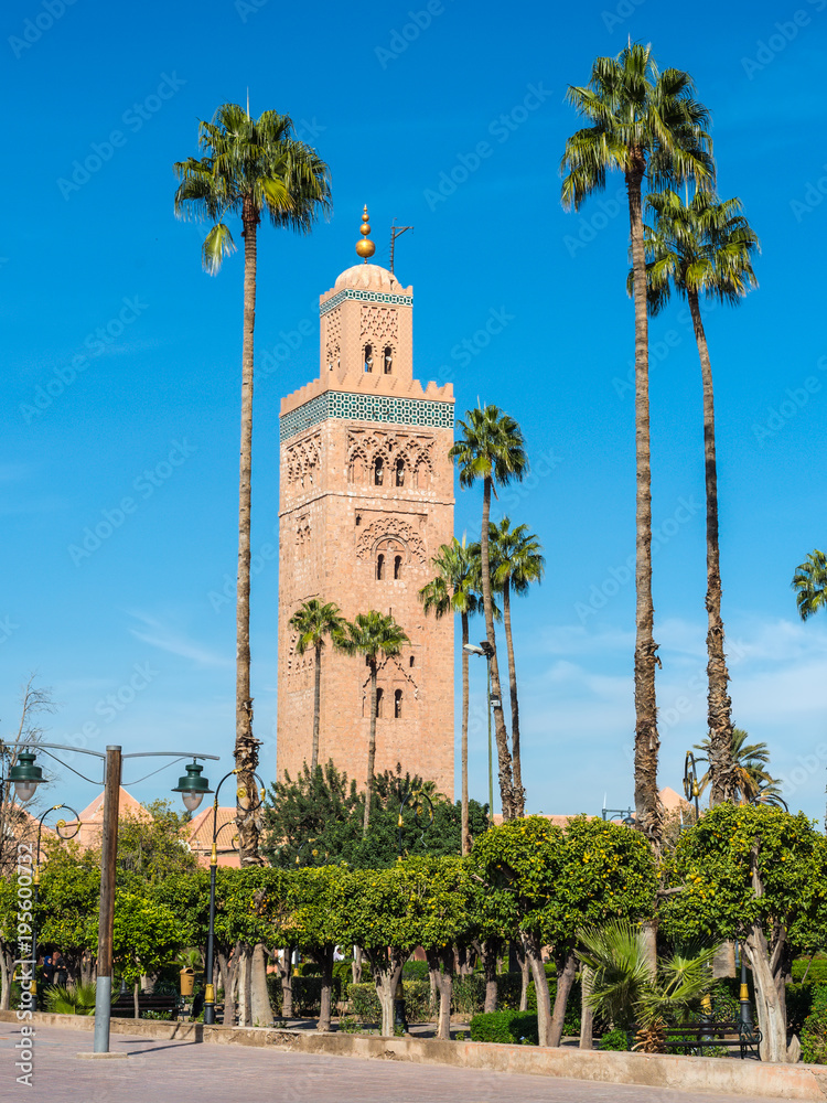 Palm trees in front of the Koutoubia Mosque (Kutubiyya Mosque) - the largest mosque in Marrakesh, Morocco, Africa