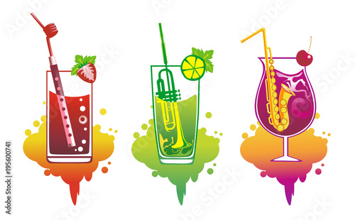 Set of abstract cocktails with straws in the form of wind musical instruments – flute, saxophone, trumpet. Conceptual design for bar, restaurant, karaoke, party. Vector illustration.