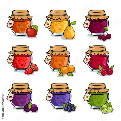 Set of colored jars with delicious homemade jam. Apple, pear, cherry, strawberry, peach, raspberry, plum, black currant and gooseberry. Vector illustration.