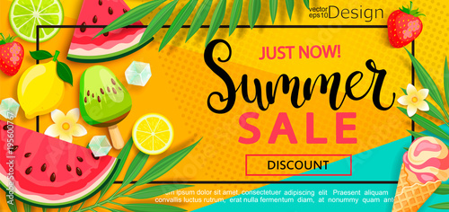 Super sale flyer with gourmet food to summer time such as ice cream,watermelon,strawberries.Vector illustration template and banners, wallpaper,flyer,invitation, poster,brochure,voucher discount.