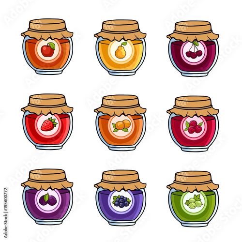 Set of colored jars with delicious homemade jam. Apple, pear, cherry, strawberry, peach, raspberry, plum, black currant and gooseberry.