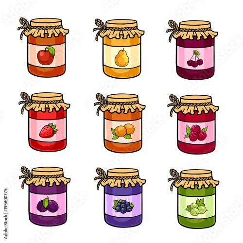 The set of hand drawn jars with jam. Apple, pear, cherry, strawberry, peach, raspberry, plum, currant and gooseberry. Vector illustration.
