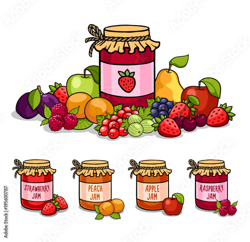 Jar of jam surrounded by fruits and berries. Strawberry, peach, raspberry, apple.Vector illustration.