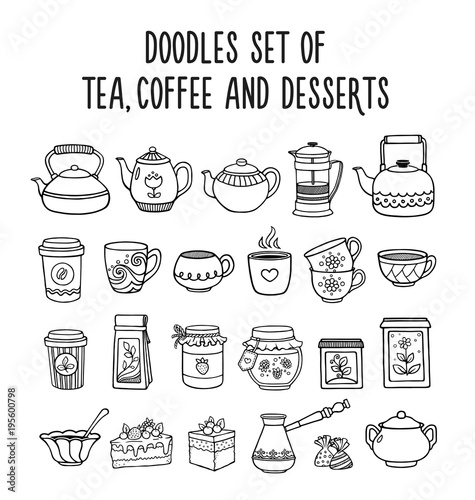 Doodles set of tea, coffee, desserts, sweets. Hand-drawn sketches.Vector illustration.