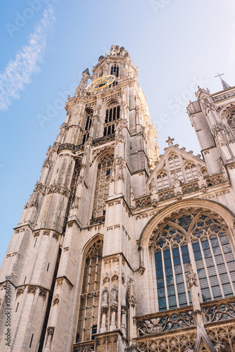 Cathedral of Our Lady in Antwerp, Belgium Onze-Lieve-Vrouwekathedraal under clear blue sky in sunny good weather day in autumn