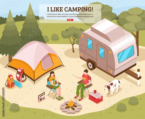 Camping Barbecue Isometric Poster