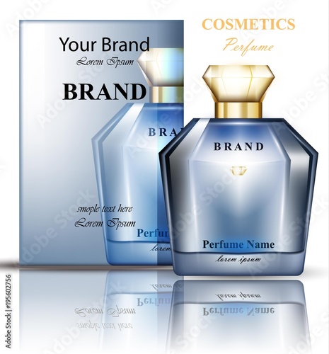 Perfume bottle with delicate blue flowers fragrance. Realistic Vector Product...