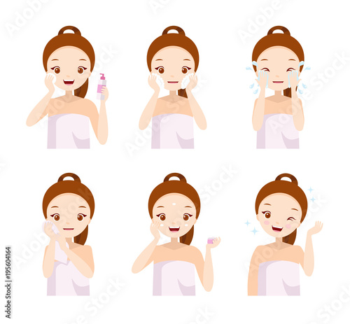 Skin care routine - make up removing, cleansing, moisturizing. Collection of beauty concept illustrations in flat style, design template