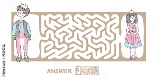 Children's maze with Prince and Princess. Cute puzzle game for kids, vector labyrinth illustration.