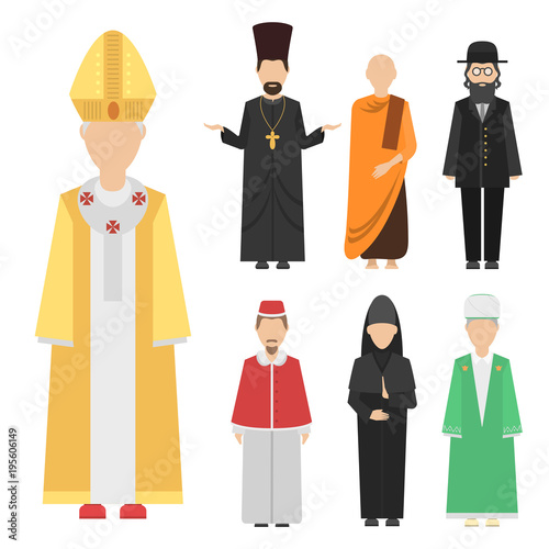 Religion people characters vector group of different nationalities human wearing traditional clothes