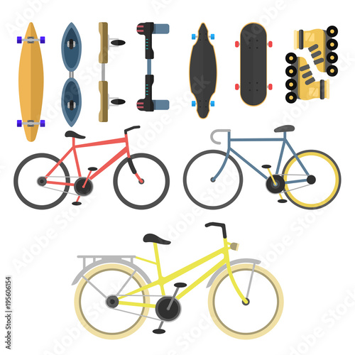 Active city transport eco alternative energy bike scooter one and two-wheeled mobility electro vehicle vector.