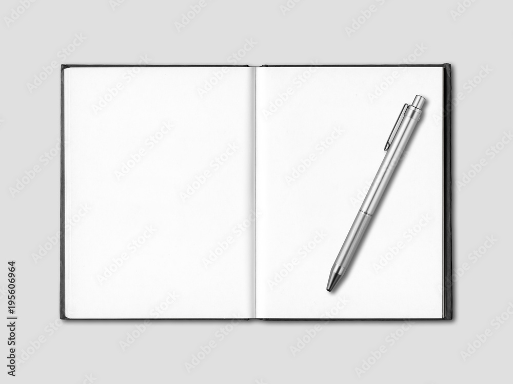 Blank open notebook and pen isolated on grey Blank open notebook and pen isolated on grey