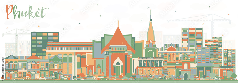 Phuket Thailand City Skyline with Color Buildings.