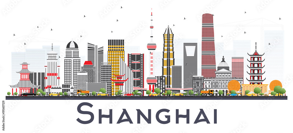 Naklejka premium Szanghaj China City Skyline z kolorowymi budynkami na białym tle.