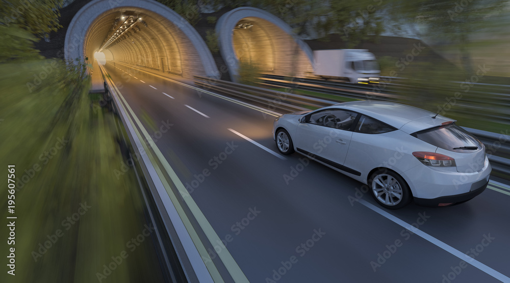 3D Rendering of Automobile Going into the Tunnel