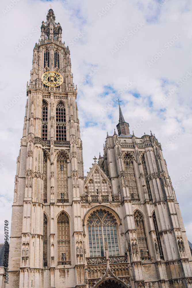 Cathedral of Our Lady in Antwerp, Belgium Onze-Lieve-Vrouwekathedraal under clear blue sky in sunny good weather day in autumn Cathedral of Our Lady in Antwerp, Belgium Onze-Lieve-Vrouwekathedraal under clear blue sky in sunny good weather day in autumn