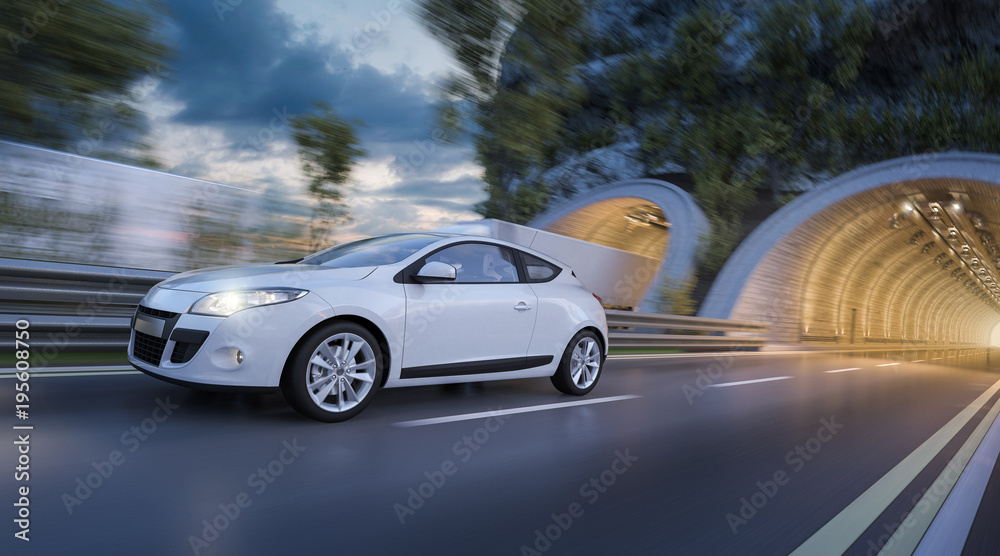 3D Rendering of White Car Coming out of the Tunnel at Dusk