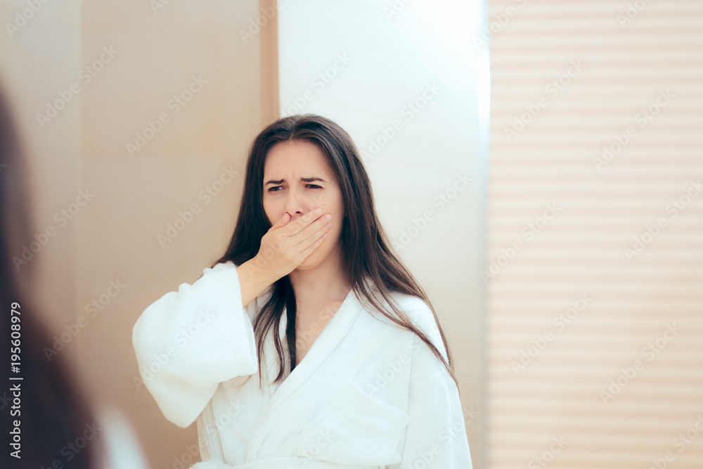 Tired Woman in Bathrobe Feeling Sleepy After Bath Tired Woman in Bathrobe Feeling Sleepy After Bath