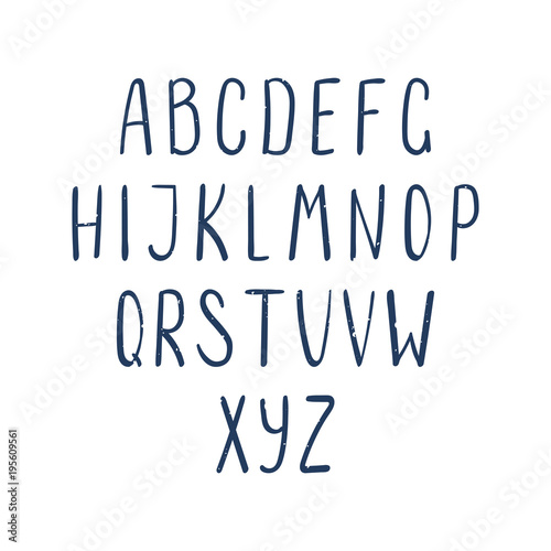 Hand drawn dark blue latin alphabet with weathered texture. Make your own lettering. Isolated letters on white background. Vector illustration.