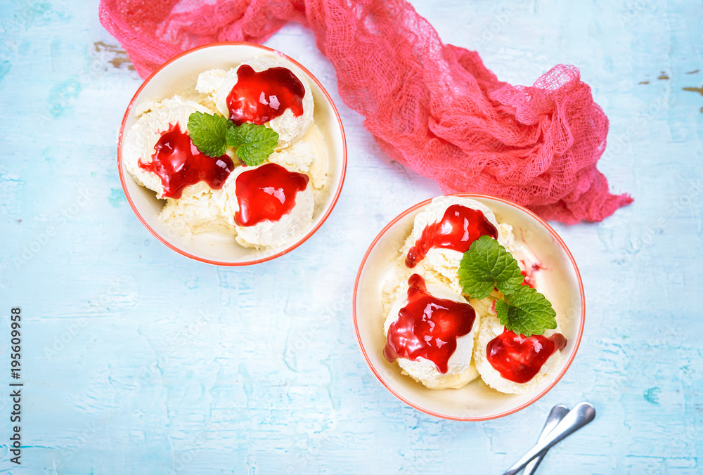 Flat lay of cherry ice cream in two bowls Flat lay of cherry ice cream in two bowls
