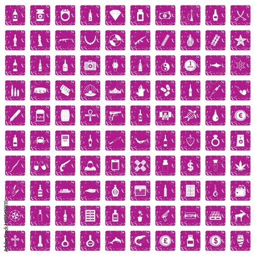 100 smuggling goods icons set grunge pink