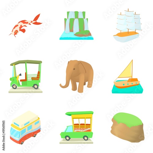 Worldwide trip icons set, cartoon style