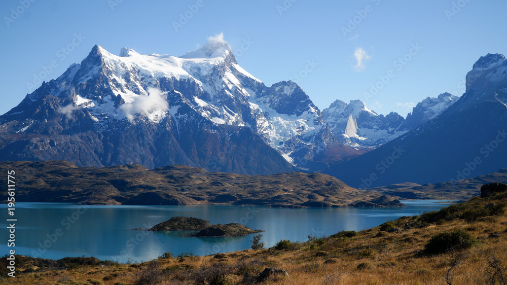 View from Mirador Pehoe towards the Mountains in Torres del Paine, Patagonia, Chile.