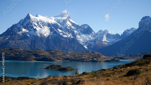 View from Mirador Pehoe towards the Mountains in Torres del Paine  Patagonia  Chile.