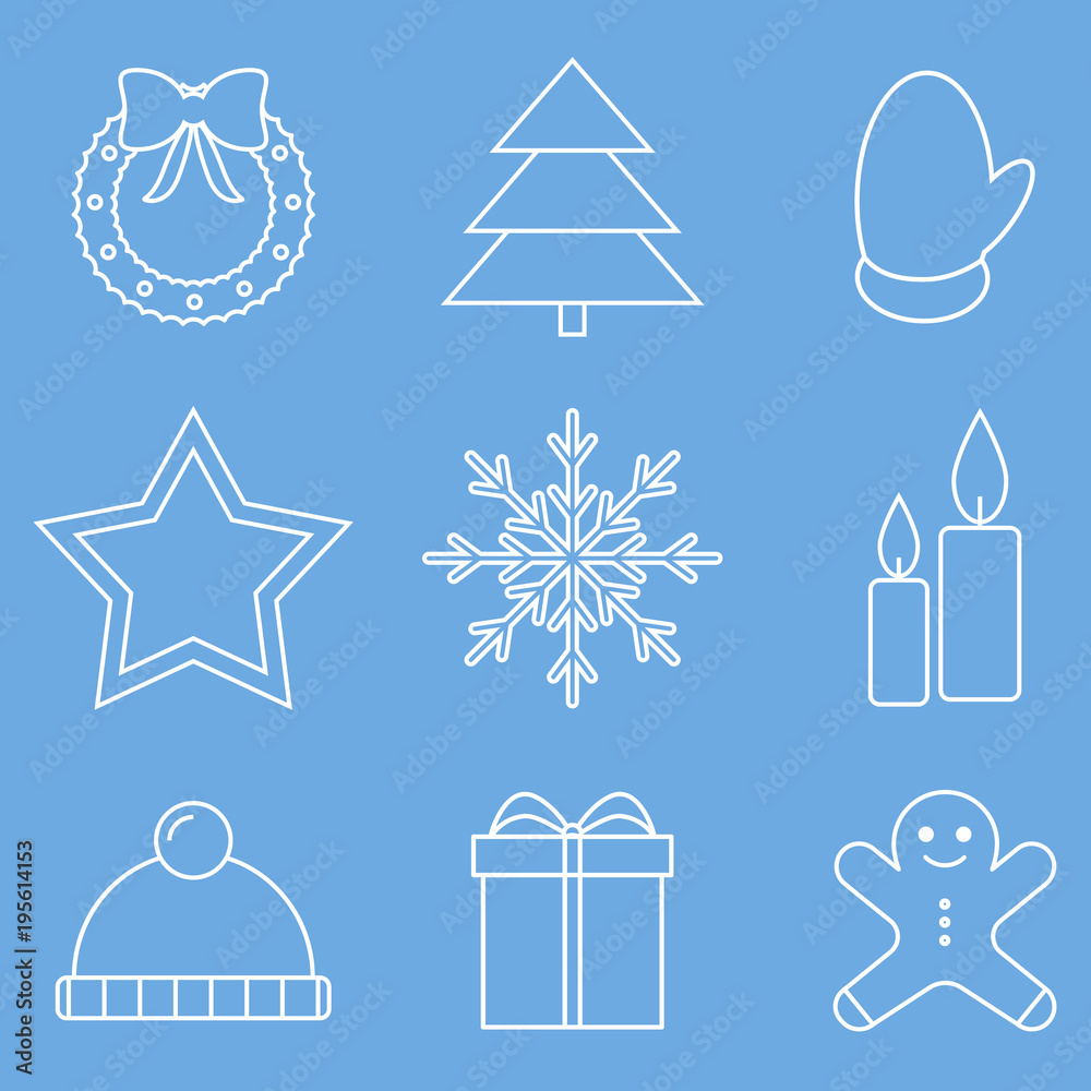 christmas line icon set, simple new year outline icon on blue background