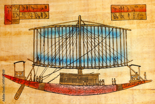Ancient Egypt. People manage a sailing ship that transports loads to different countries