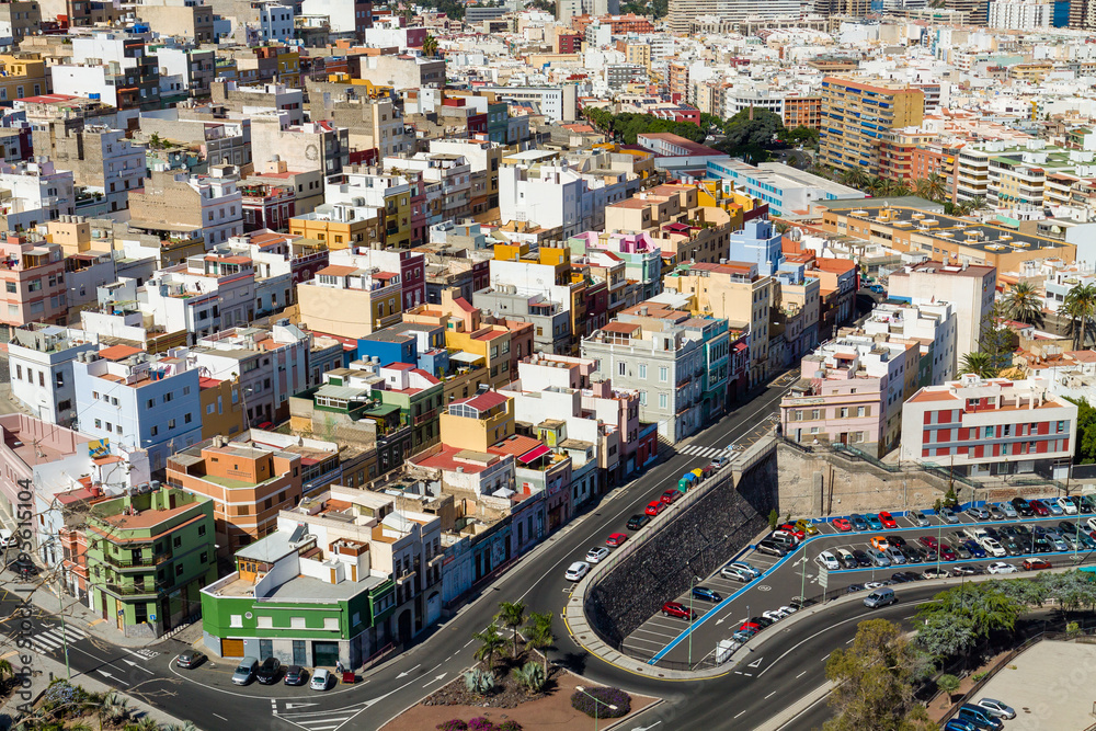 Cityscape of Las Palmas, dense urban buildings the capital town of Gran Canaria Island.