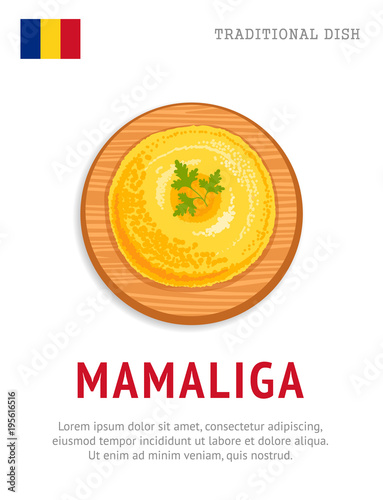 Mamaliga. National romanian dish. View from above. Vector flat illustration.