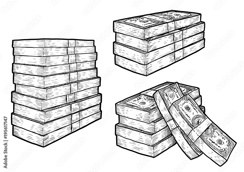 Money, bank notes, coins illustration, drawing, engraving, ink