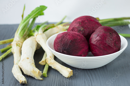 Prepared raw vegetables beetroot and horseredish for russian beet soup