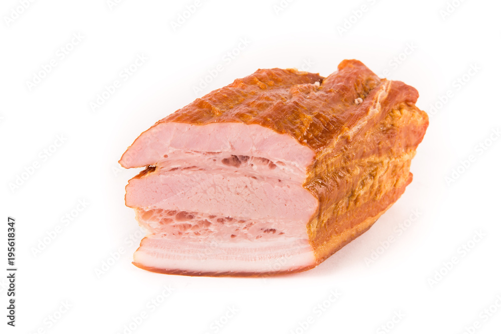 Smoked brisket with a layer of bacon isolated on white background. Meat products Smoked brisket with a layer of bacon isolated on white background. Meat products