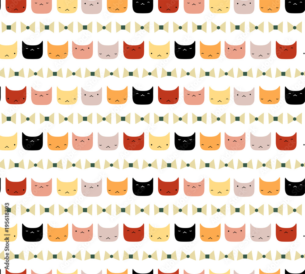 Cute hand drawn seamless vector pattern with funny cat faces, bows, on a white background. Scandinavian design style. Concept for kids textile print, wallpaper, wrapping paper. Cute hand drawn seamless vector pattern with funny cat faces, bows, on a white background. Scandinavian design style. Concept for kids textile print, wallpaper, wrapping paper.