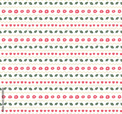 Cute hand drawn seamless vector pattern with floral elements, on a white background. Scandinavian design style. Concept for summer, spring, kids textile print, wallpaper, wrapping paper.