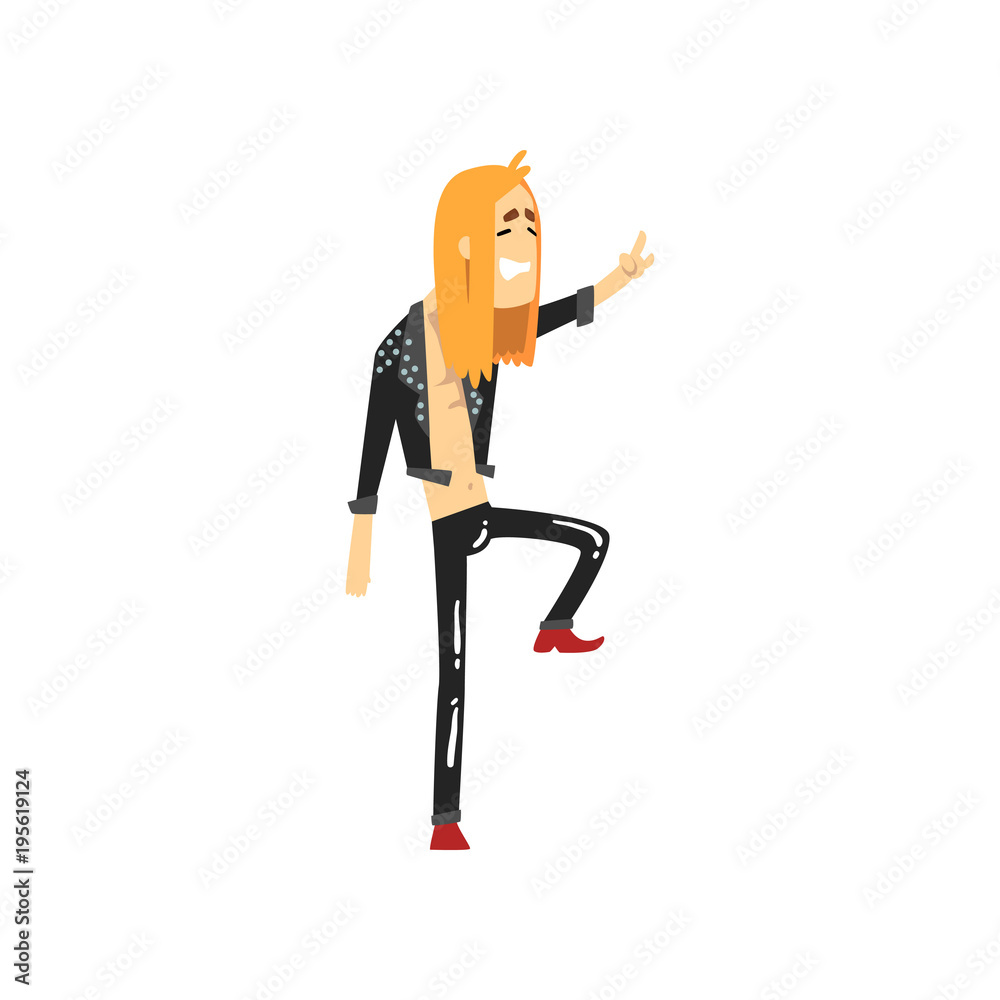 Musician guy with long hair showing rock sign. Member of metal band.  Cartoon young man character dressed in black leather jacket and pants. Flat  vector design Stock Vector | Adobe Stock