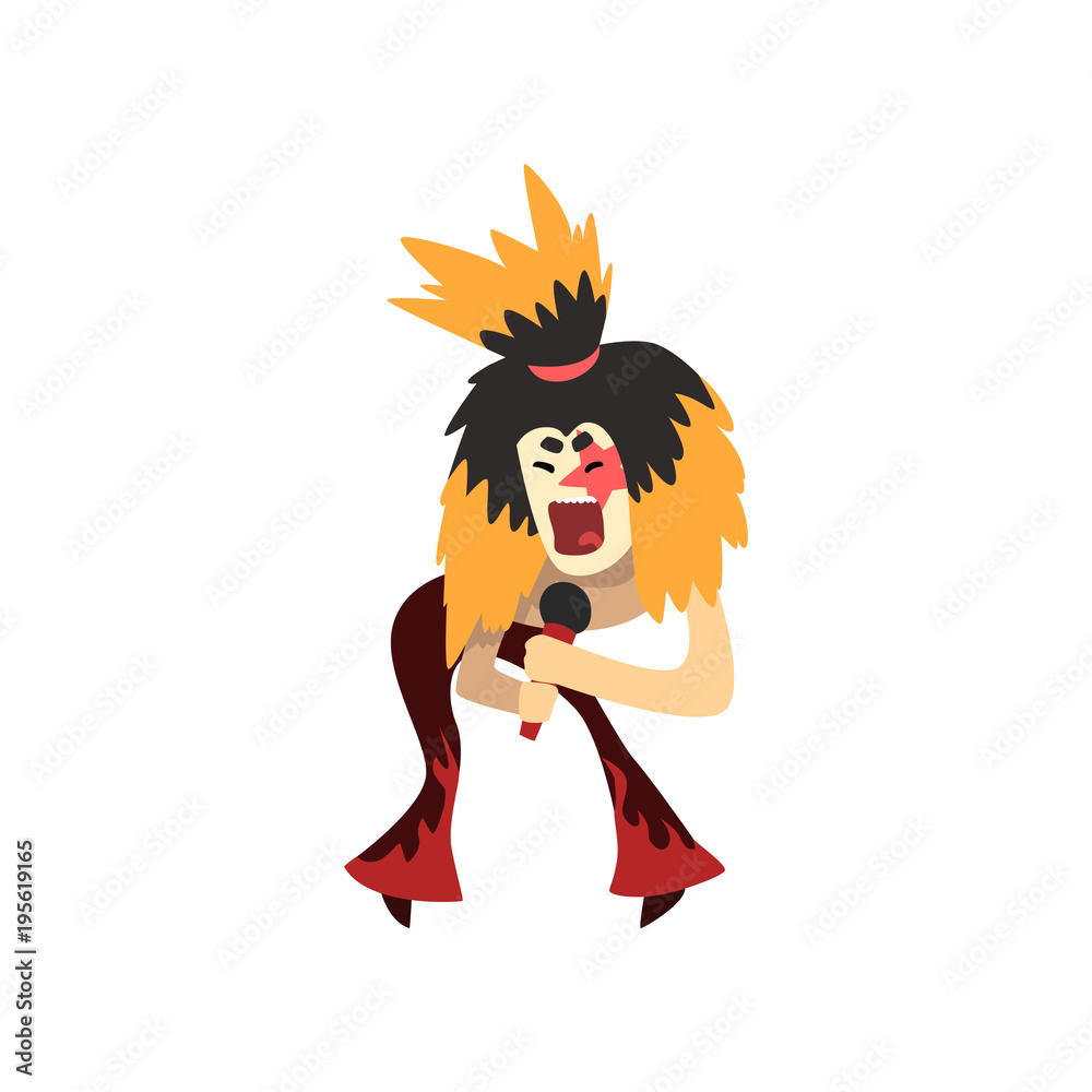 Funny cartoon character of rock singer with crazy hair and make up on face.  Man singing into microphone. Musician performing on stage. Colorful flat  vector design Stock Vector | Adobe Stock