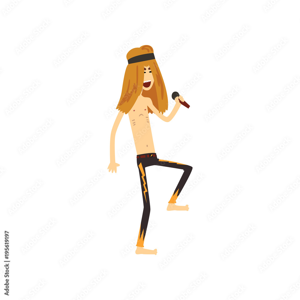 Funny rocker with long hair singing into microphone. Leader singer of metal  band. Cartoon man character in skinny black pants with bright print. Flat  vector design Stock Vector | Adobe Stock