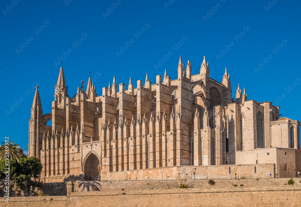 La Seu, gothic cathedral built on a previous mosque, Parc de la Mar (Park of the Sea), Palma de Mallorca (Majorca), Balearic Islands, Spain La Seu, gothic cathedral built on a previous mosque, Parc de la Mar (Park of the Sea), Palma de Mallorca (Majorca), Balearic Islands, Spain
