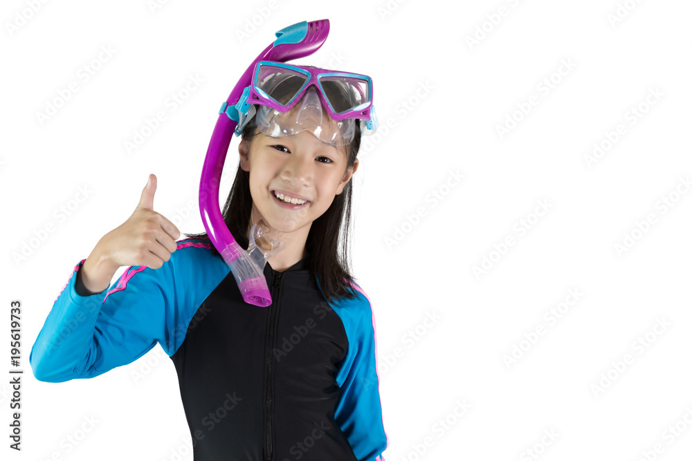 Asian girl wearing a diving mask isolated on white background; swim and sport concept Asian girl wearing a diving mask isolated on white background; swim and sport concept
