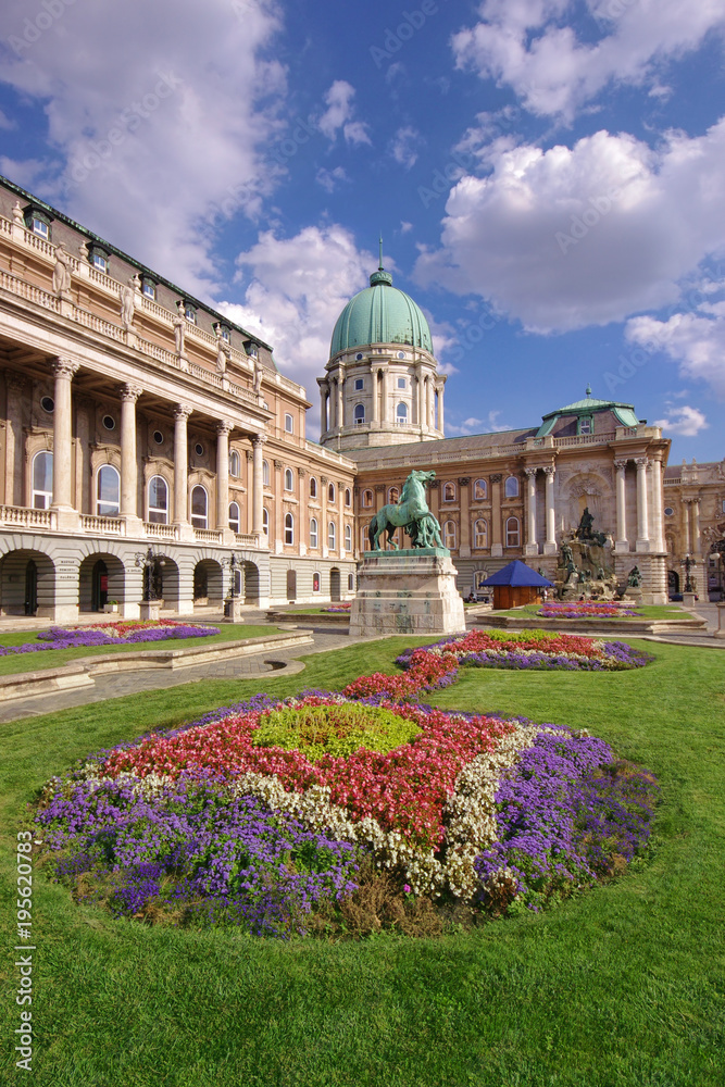 Royal Castle in Budapest, view of garden with flowers