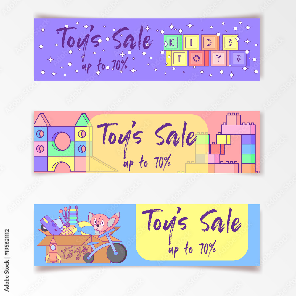 Cute kids toys sale banner with set of different toys for boys and girls isolated. eps10 vector illustration.