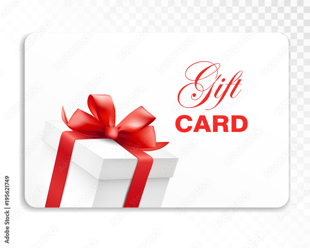 Gift card with gift box and red bow. Holiday card template. Vector illustration.